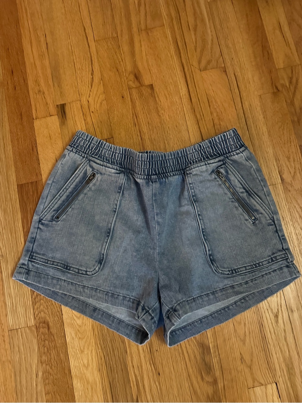 aerie Light Blue High-Waist Elastic Denim Shorts